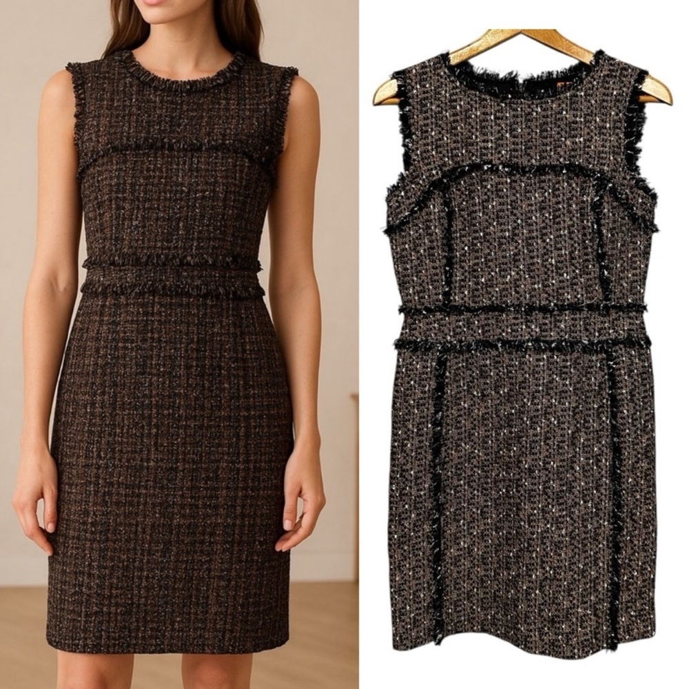 Tory Burch Tweed Sleeveless Sheath Dress Black Brown Fringe Trim Size 6 $498
